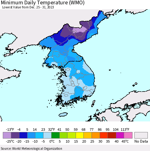 Korea Minimum Daily Temperature (WMO) Thematic Map For 12/25/2023 - 12/31/2023