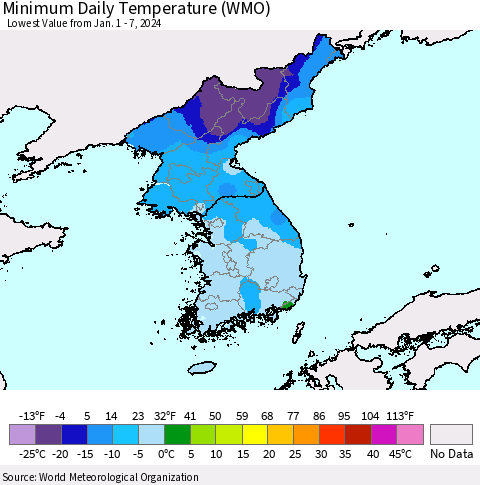 Korea Minimum Daily Temperature (WMO) Thematic Map For 1/1/2024 - 1/7/2024
