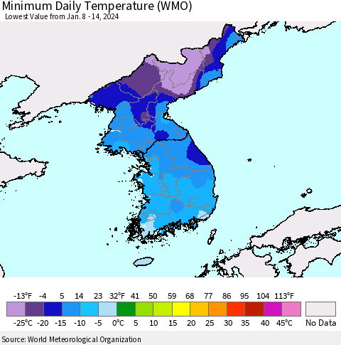 Korea Minimum Daily Temperature (WMO) Thematic Map For 1/8/2024 - 1/14/2024