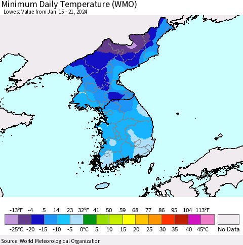 Korea Minimum Daily Temperature (WMO) Thematic Map For 1/15/2024 - 1/21/2024