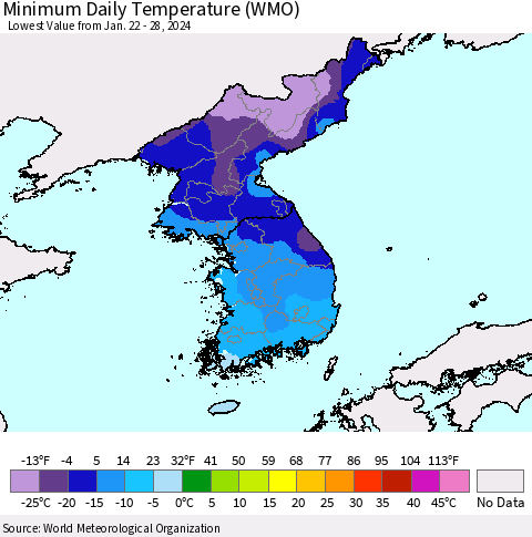 Korea Minimum Daily Temperature (WMO) Thematic Map For 1/22/2024 - 1/28/2024
