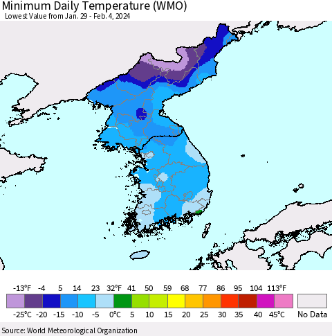 Korea Minimum Daily Temperature (WMO) Thematic Map For 1/29/2024 - 2/4/2024