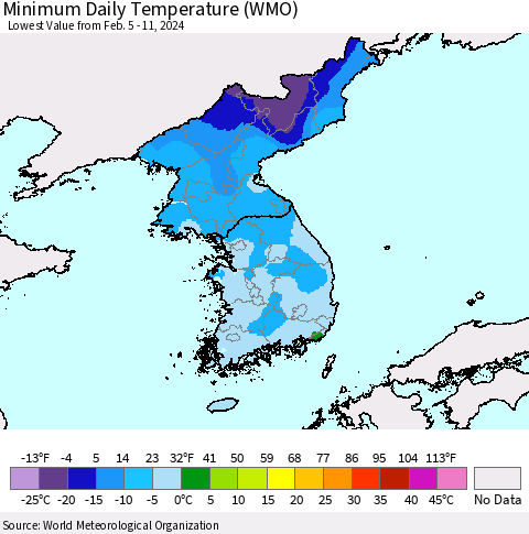 Korea Minimum Daily Temperature (WMO) Thematic Map For 2/5/2024 - 2/11/2024