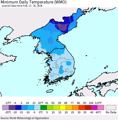 Korea Minimum Daily Temperature (WMO) Thematic Map For 2/12/2024 - 2/18/2024