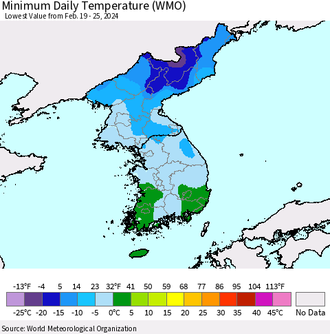 Korea Minimum Daily Temperature (WMO) Thematic Map For 2/19/2024 - 2/25/2024