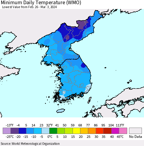 Korea Minimum Daily Temperature (WMO) Thematic Map For 2/26/2024 - 3/3/2024