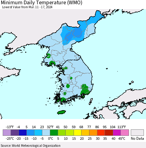 Korea Minimum Daily Temperature (WMO) Thematic Map For 3/11/2024 - 3/17/2024