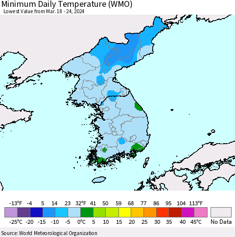 Korea Minimum Daily Temperature (WMO) Thematic Map For 3/18/2024 - 3/24/2024