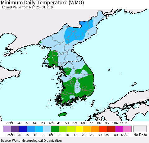 Korea Minimum Daily Temperature (WMO) Thematic Map For 3/25/2024 - 3/31/2024