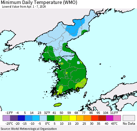 Korea Minimum Daily Temperature (WMO) Thematic Map For 4/1/2024 - 4/7/2024