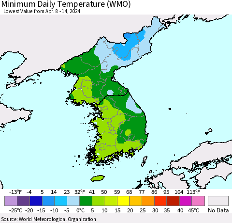 Korea Minimum Daily Temperature (WMO) Thematic Map For 4/8/2024 - 4/14/2024