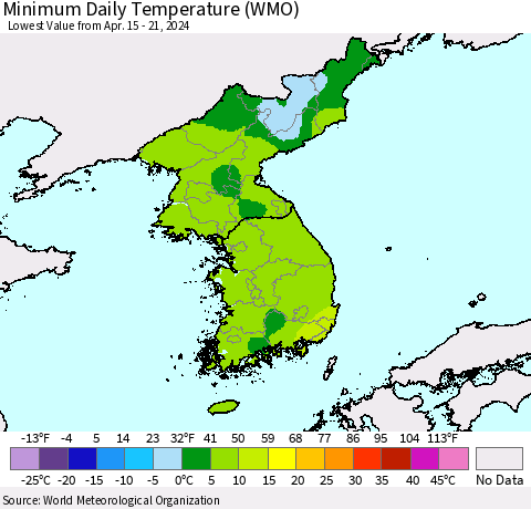 Korea Minimum Daily Temperature (WMO) Thematic Map For 4/15/2024 - 4/21/2024