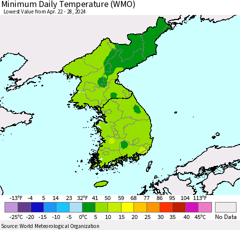 Korea Minimum Daily Temperature (WMO) Thematic Map For 4/22/2024 - 4/28/2024