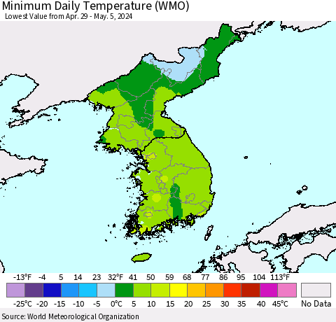 Korea Minimum Daily Temperature (WMO) Thematic Map For 4/29/2024 - 5/5/2024