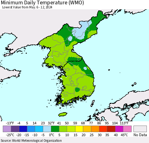 Korea Minimum Daily Temperature (WMO) Thematic Map For 5/6/2024 - 5/12/2024