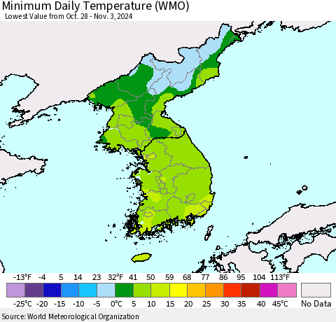 Korea Minimum Daily Temperature (WMO) Thematic Map For 10/28/2024 - 11/3/2024