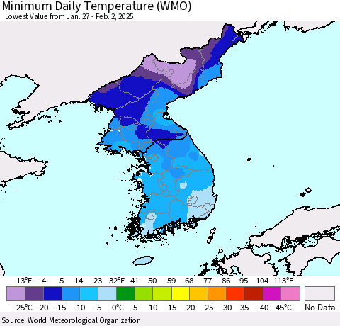 Korea Minimum Daily Temperature (WMO) Thematic Map For 1/27/2025 - 2/2/2025