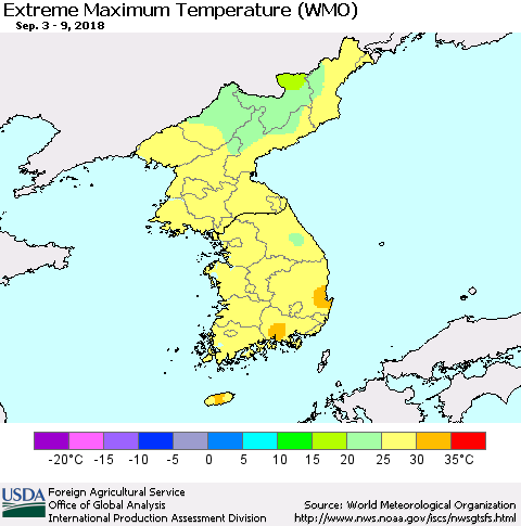 Korea Maximum Daily Temperature (WMO) Thematic Map For 9/3/2018 - 9/9/2018