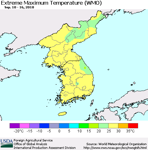 Korea Maximum Daily Temperature (WMO) Thematic Map For 9/10/2018 - 9/16/2018