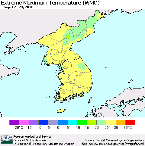Korea Maximum Daily Temperature (WMO) Thematic Map For 9/17/2018 - 9/23/2018