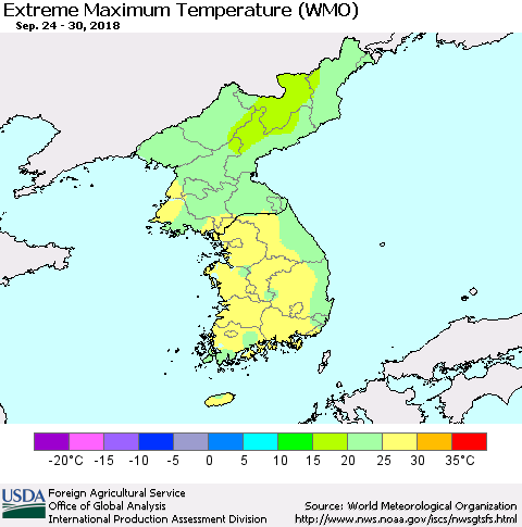 Korea Maximum Daily Temperature (WMO) Thematic Map For 9/24/2018 - 9/30/2018