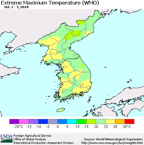 Korea Maximum Daily Temperature (WMO) Thematic Map For 10/1/2018 - 10/7/2018