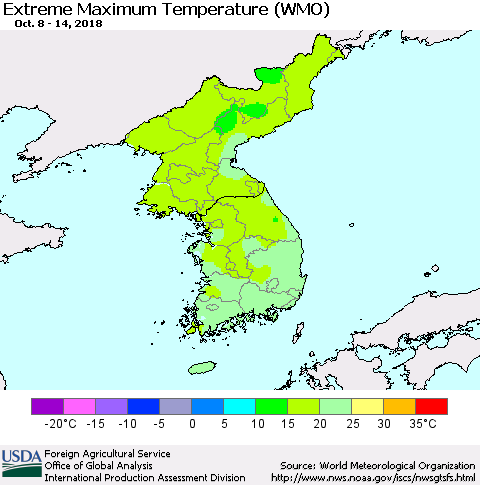 Korea Maximum Daily Temperature (WMO) Thematic Map For 10/8/2018 - 10/14/2018