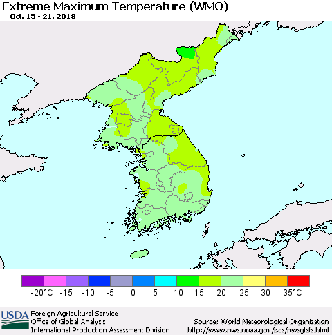 Korea Maximum Daily Temperature (WMO) Thematic Map For 10/15/2018 - 10/21/2018