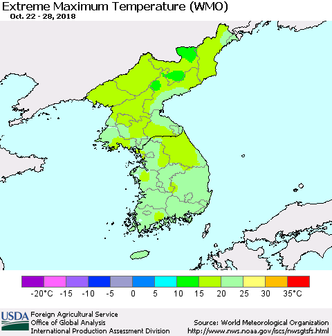 Korea Maximum Daily Temperature (WMO) Thematic Map For 10/22/2018 - 10/28/2018