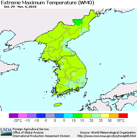 Korea Maximum Daily Temperature (WMO) Thematic Map For 10/29/2018 - 11/4/2018