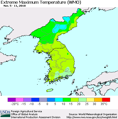 Korea Maximum Daily Temperature (WMO) Thematic Map For 11/5/2018 - 11/11/2018