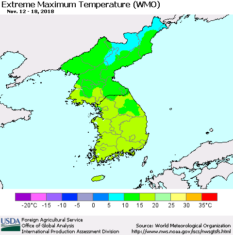 Korea Maximum Daily Temperature (WMO) Thematic Map For 11/12/2018 - 11/18/2018
