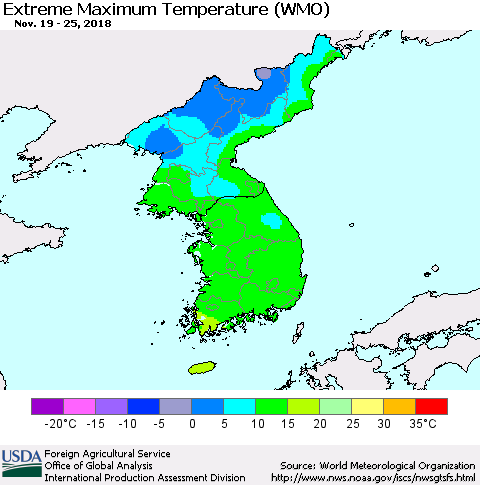 Korea Maximum Daily Temperature (WMO) Thematic Map For 11/19/2018 - 11/25/2018