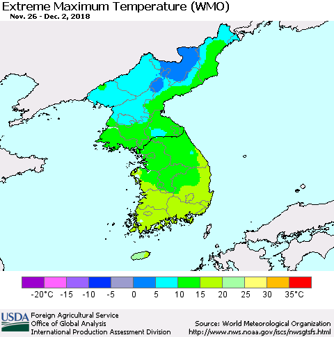 Korea Maximum Daily Temperature (WMO) Thematic Map For 11/26/2018 - 12/2/2018