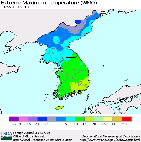 Korea Maximum Daily Temperature (WMO) Thematic Map For 12/3/2018 - 12/9/2018