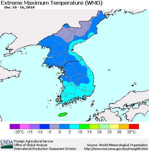 Korea Maximum Daily Temperature (WMO) Thematic Map For 12/10/2018 - 12/16/2018