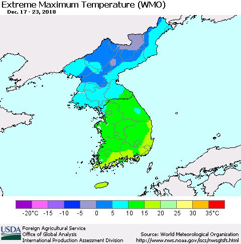 Korea Maximum Daily Temperature (WMO) Thematic Map For 12/17/2018 - 12/23/2018