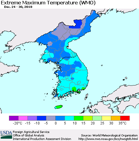 Korea Maximum Daily Temperature (WMO) Thematic Map For 12/24/2018 - 12/30/2018