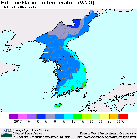Korea Maximum Daily Temperature (WMO) Thematic Map For 12/31/2018 - 1/6/2019