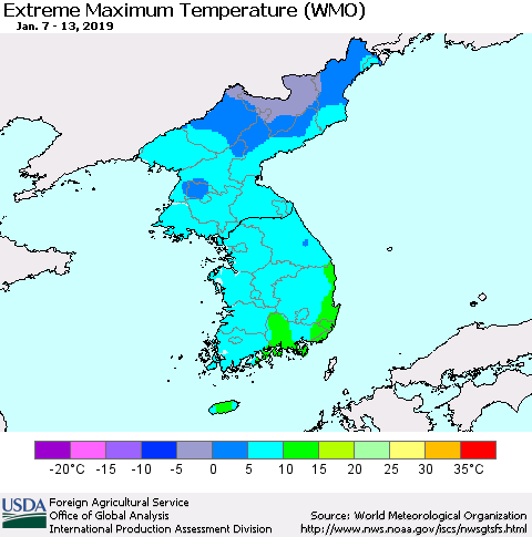 Korea Maximum Daily Temperature (WMO) Thematic Map For 1/7/2019 - 1/13/2019