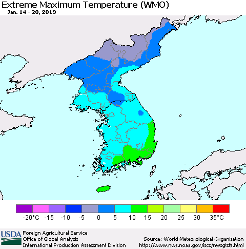 Korea Maximum Daily Temperature (WMO) Thematic Map For 1/14/2019 - 1/20/2019