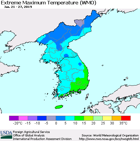 Korea Maximum Daily Temperature (WMO) Thematic Map For 1/21/2019 - 1/27/2019