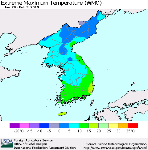 Korea Maximum Daily Temperature (WMO) Thematic Map For 1/28/2019 - 2/3/2019
