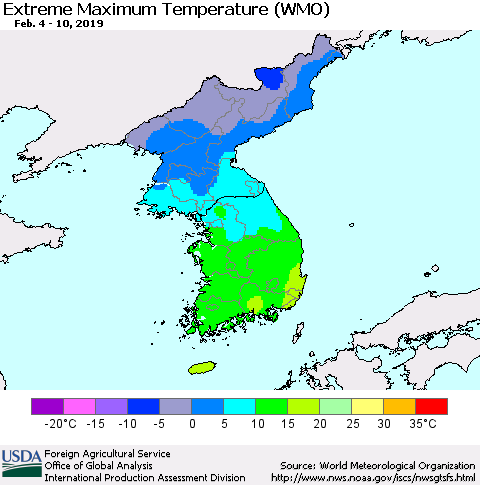 Korea Maximum Daily Temperature (WMO) Thematic Map For 2/4/2019 - 2/10/2019