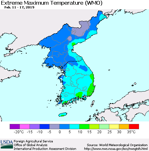 Korea Maximum Daily Temperature (WMO) Thematic Map For 2/11/2019 - 2/17/2019