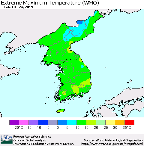 Korea Maximum Daily Temperature (WMO) Thematic Map For 2/18/2019 - 2/24/2019