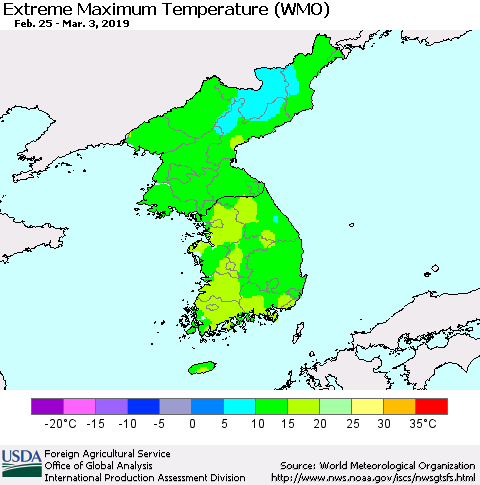 Korea Maximum Daily Temperature (WMO) Thematic Map For 2/25/2019 - 3/3/2019