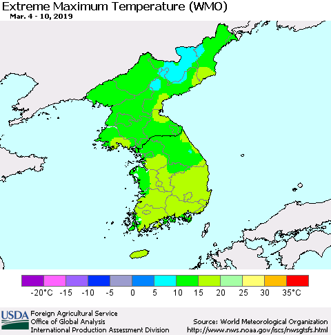Korea Maximum Daily Temperature (WMO) Thematic Map For 3/4/2019 - 3/10/2019