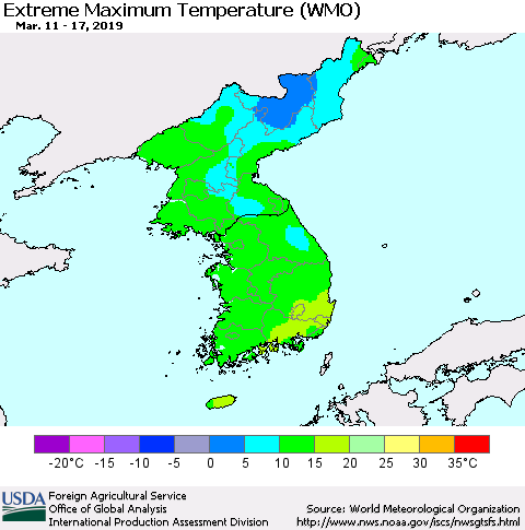 Korea Maximum Daily Temperature (WMO) Thematic Map For 3/11/2019 - 3/17/2019