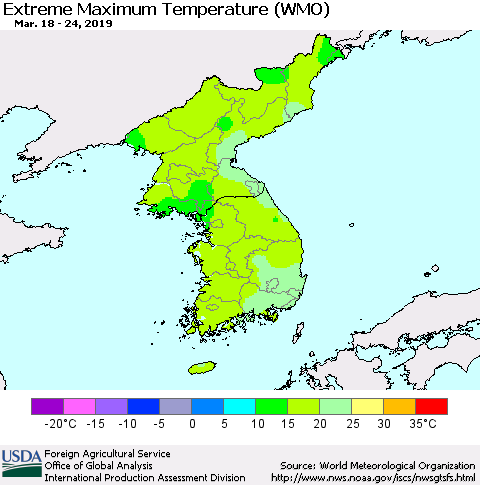 Korea Maximum Daily Temperature (WMO) Thematic Map For 3/18/2019 - 3/24/2019